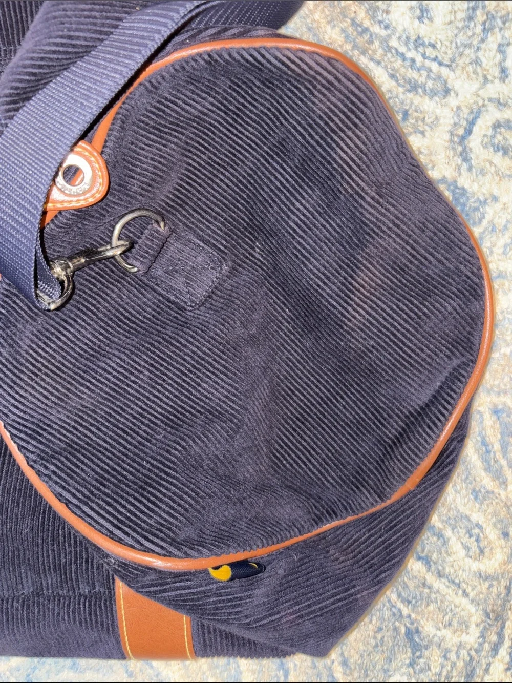 Nautica Navy Corduroy Duffel with Brown Trim and Strap